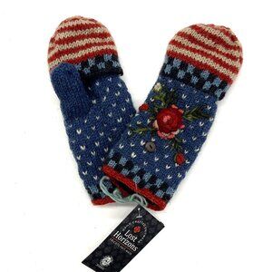 Fair Trade Blue Convertible Mittens Red Floral Embroidery Wool Lined